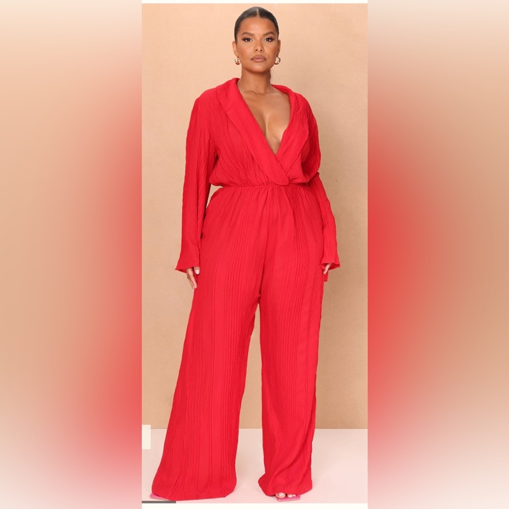 PrettyLittleThing Black Wide Leg Textured Jumpsuit